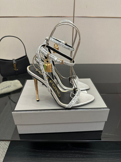 TOM FORD 26S HEELED SANDALS 100 MM IN SILVER CALFSKIN