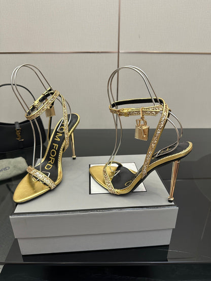 TOM FORD 26S HEELED SANDALS 100 MM IN METALLIC GOLD CALFSKIN