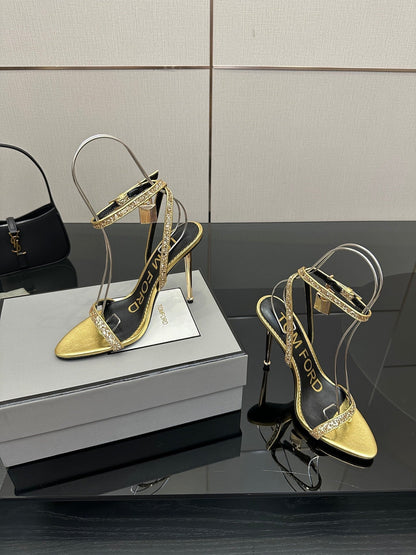 TOM FORD 26S HEELED SANDALS 100 MM IN METALLIC GOLD CALFSKIN