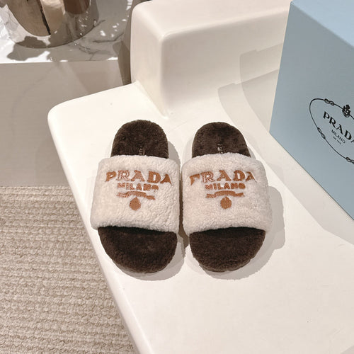 PRADA 25S FLAT MULES IN WHITE AND DARK BROWN RABBIT FUR