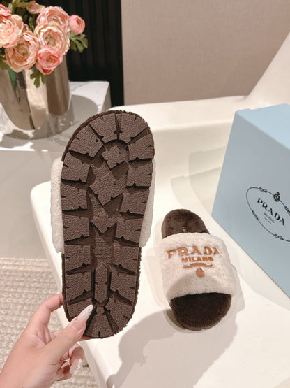 PRADA 25S FLAT MULES IN WHITE AND DARK BROWN RABBIT FUR