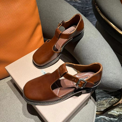 Square Toe Thick Heel Retro Mary Jane Shoes Chestnut Calfskin