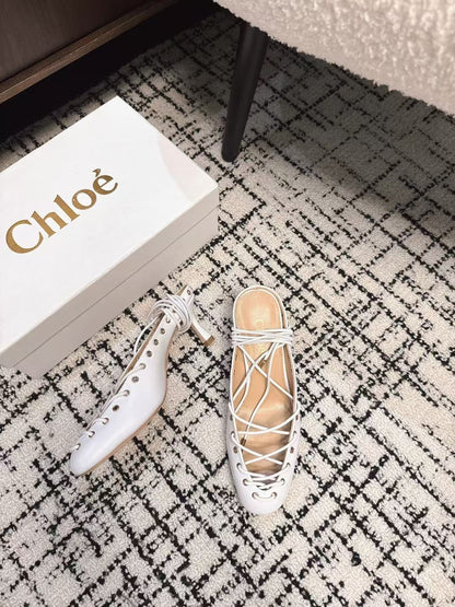CHLOÉ 26S LACE-UP HEELS 60 MM IN WHITE CALFSKIN