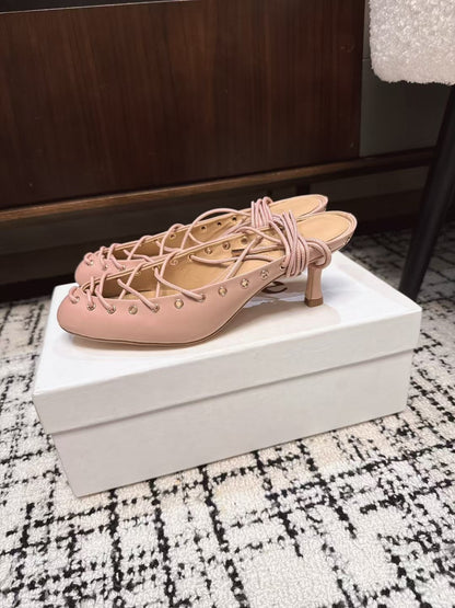 CHLOÉ 26S LACE-UP HEELS 60 MM IN NUDE PINK CALFSKIN