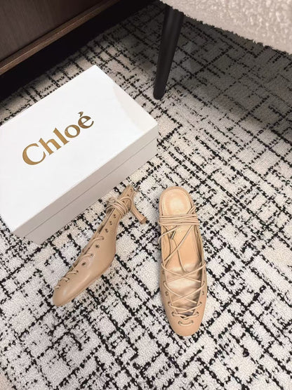 CHLOÉ 26S LACE-UP HEELS 60 MM IN NUDE BEIGE CALFSKIN