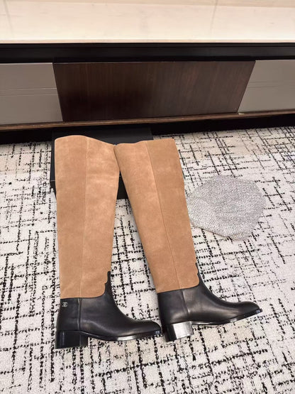 CC HIGH BOOTS IN TAN BROWN SUEDE MIX BLACK CALFSKIN