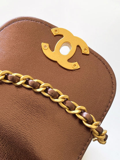 CHANEL 25S MINI KELLY BAG 19 IN BROWN METALLIC LAMBSKIN WITH GOLD HARDWARE