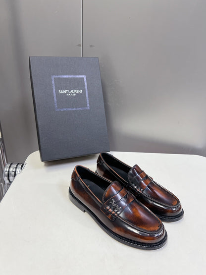 YSL 25S SAINT LAURENT LOAFERS IN TORTOISESHELL BROWN GLOSSY CALFSKIN