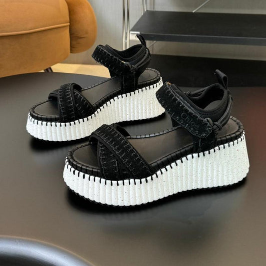 CHLOÉ NAMA WEDGE SANDAL 8 CM IN BLACK SUEDE AND WHITE RUBBER