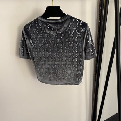 GUCCI 26S SHORT-SLEEVE VELVET TOP WITH RHINESTONES 179