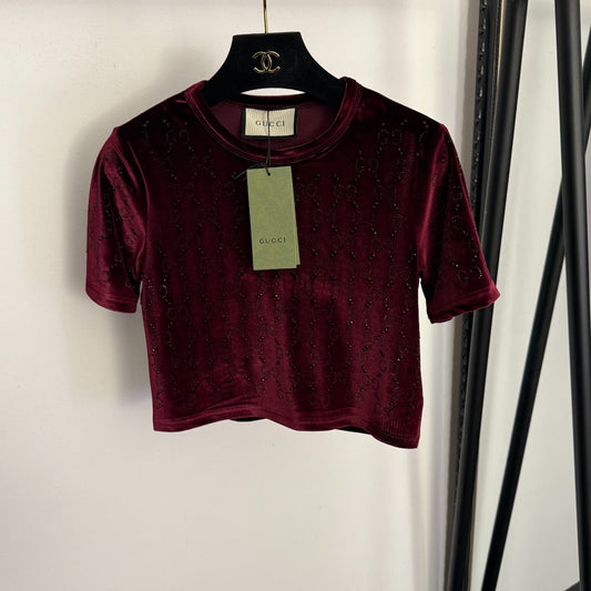 GUCCI 26S SHORT-SLEEVE VELVET TOP WITH RHINESTONES 182