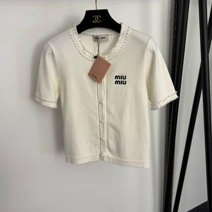 MIUMIU 26S SHORT SLEEVE CREW NECK KNIT CARDIGAN 1018