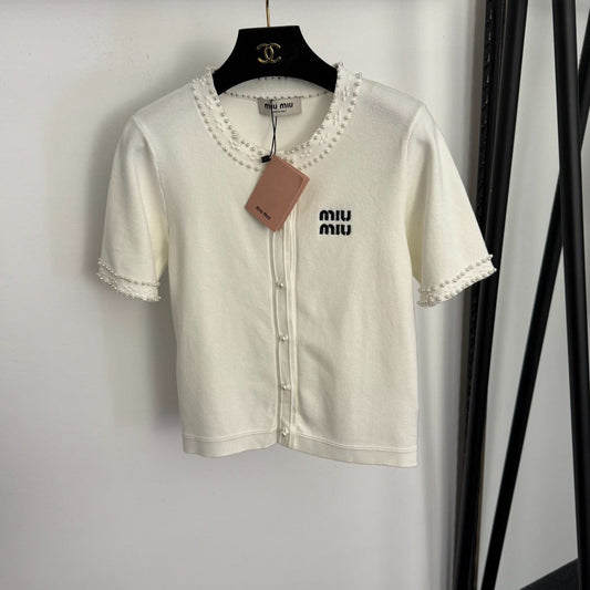 MIUMIU 26S SHORT SLEEVE CREW NECK KNIT CARDIGAN 1018