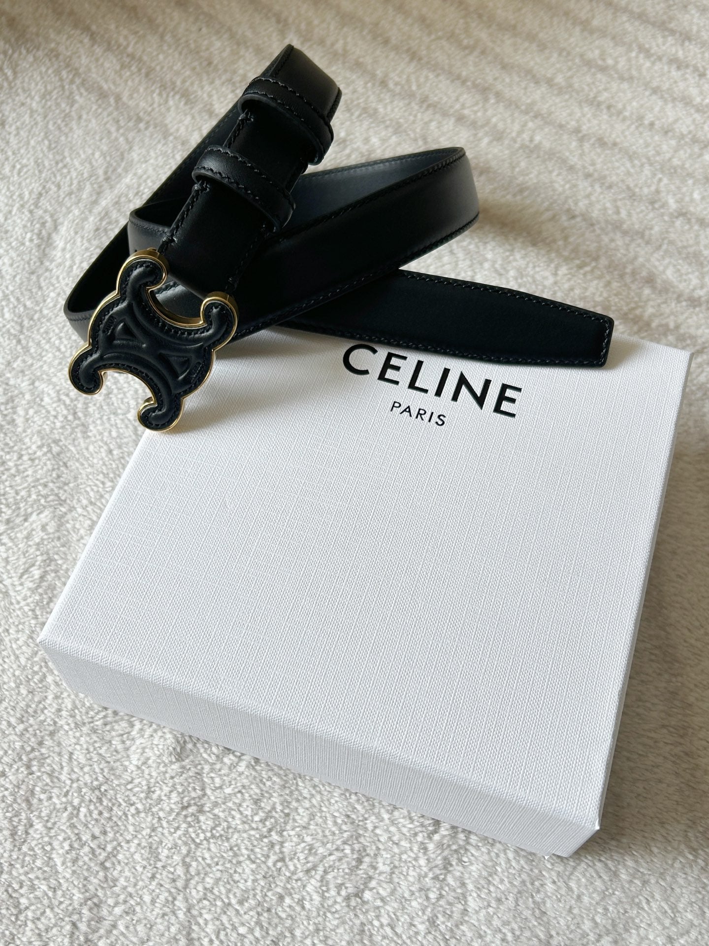 TRIOMPHE BELT 24MM IN BLACK CALFSKIN WITH LEATHER BUCKLE GOLD HARDWARE