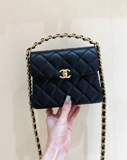 25S CHANEL TOTE CROSSBODY BAG 19 IN BLACK CALFSKIN WITH METAL HANDLE