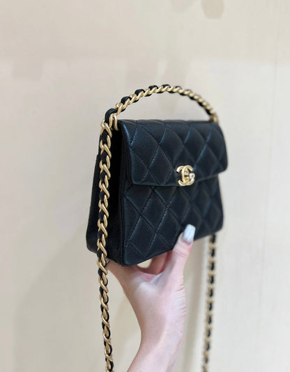 25S CHANEL TOTE CROSSBODY BAG 19 IN BLACK CALFSKIN WITH METAL HANDLE