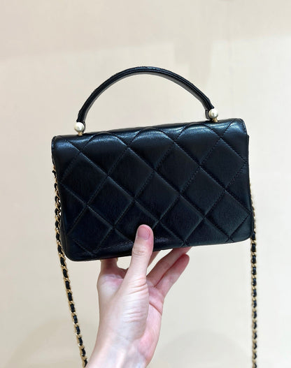 CC MINI TOP HANDLE FLAP BAG 20 IN BLACK CALFSKIN
