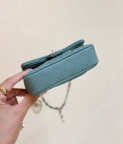 25S CHANEL MINI CF BAG 12 IN MUTED TEAL LAMBSKIN HEART MODEL