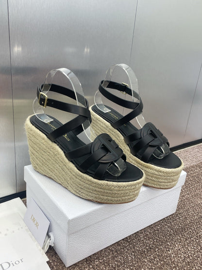 D-CLUB 25S HIGH HEEL WEDGE 100MM IN BLACK CALFSKIN RAFFIA SOLE