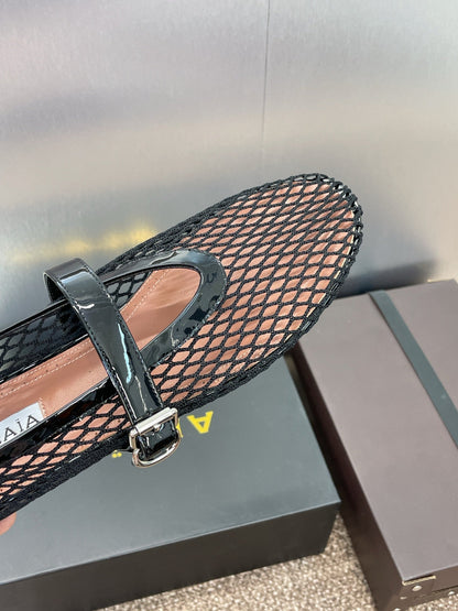 ALAIA MARY JANE FLAT 25S IN BLACK MESH CALFSKIN