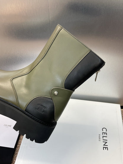CELINE 26S ANKLE BOOTS 45 MM IN MOSS GREEN CALFSKIN