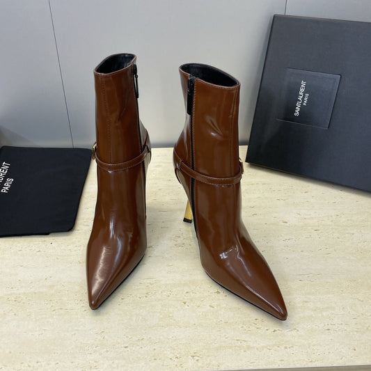 YSL 25S POINTED-TOE HIGH-HEEL ANKLE BOOTS 95 MM IN BROWN LAMBSKIN WITH GOLD HARDWARE