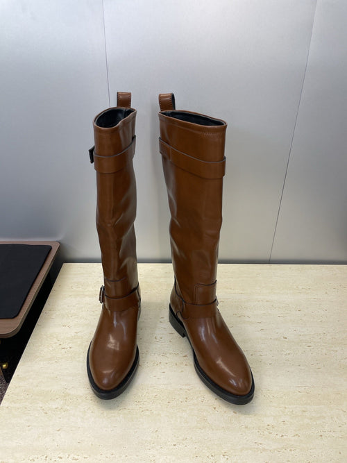 YSL 25S KNEE-HIGH BOOTS 30 MM IN BROWN LAMBSKIN WITH SILVER HARDWARE