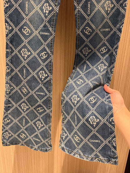 CC Diamond Double C Print Flared Jeans Blue Cotton