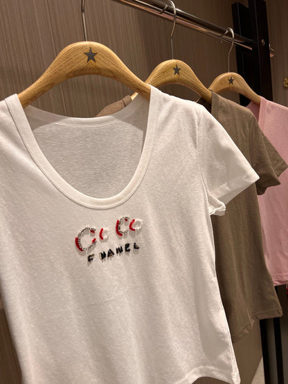 CC Hand-beaded Coco letter U-neck T-shirt Cotton