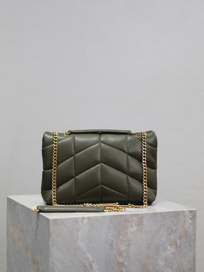 YSL 25S LOULOU PUFFER MINI 23 IN DARK OLIVE CALFSKIN GOLD HARDWARE