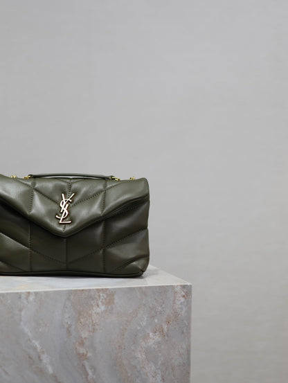 YSL 25S LOULOU PUFFER MINI 23 IN DARK OLIVE CALFSKIN GOLD HARDWARE