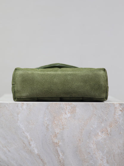 YSL 25S LOULOU PUFFER MINI 23 IN GREEN SUEDE GOLD HARDWRE