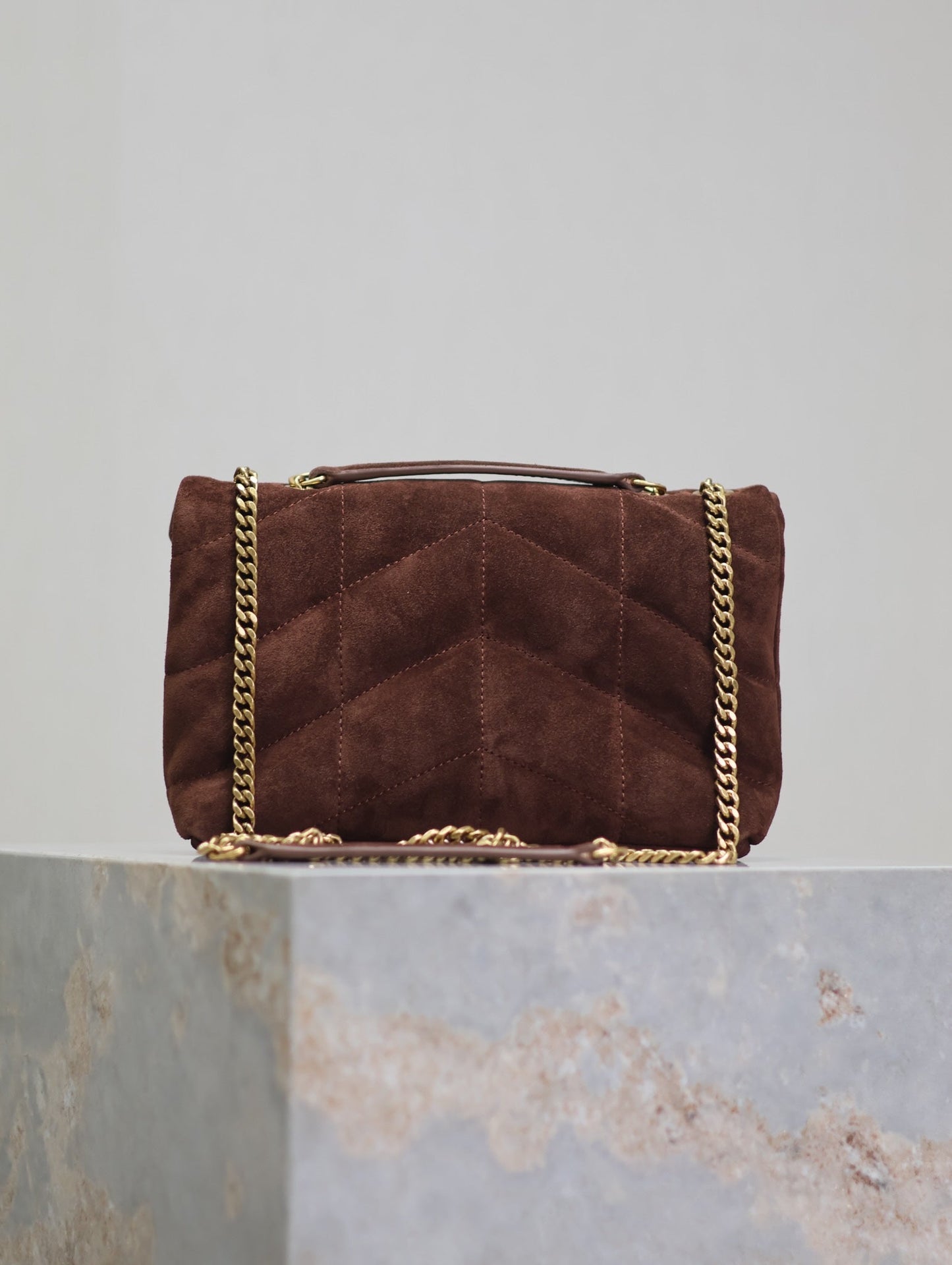 YSL 25S LOULOU PUFFER MINI 23 IN DARK BROWN SUEDE GOLD HARDWARE