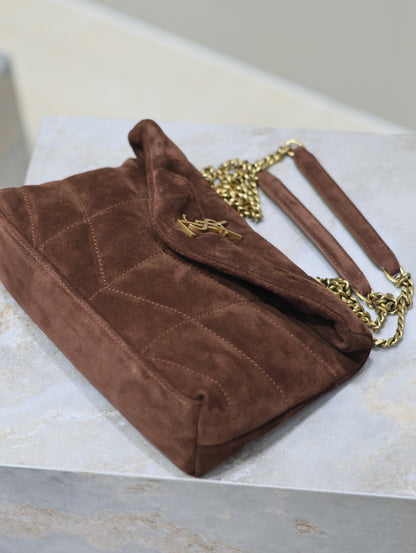 YSL 25S LOULOU PUFFER MINI 23 IN DARK BROWN SUEDE GOLD HARDWARE