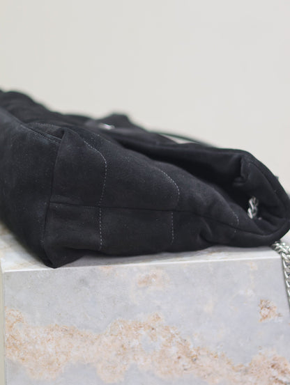 YSL 25S LOULOU PUFFER GM 35 IN BLACK SUEDE SILVER HARDWARE