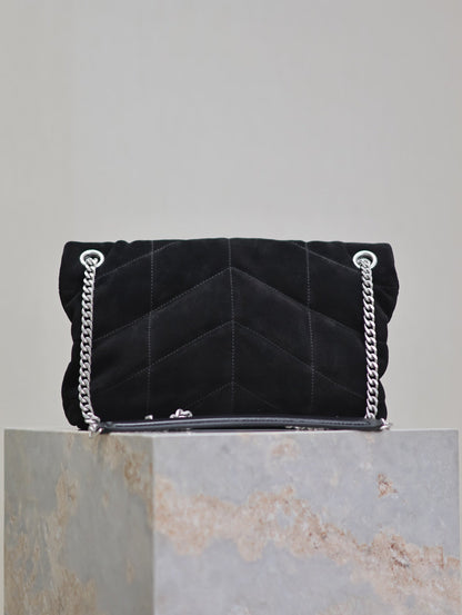 YSL 25S LOULOU PUFFER MM 29 IN BLACK SUEDE SILVER HARDWARE