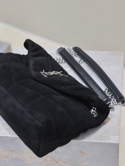 YSL 25S LOULOU PUFFER MM 29 IN BLACK SUEDE SILVER HARDWRE