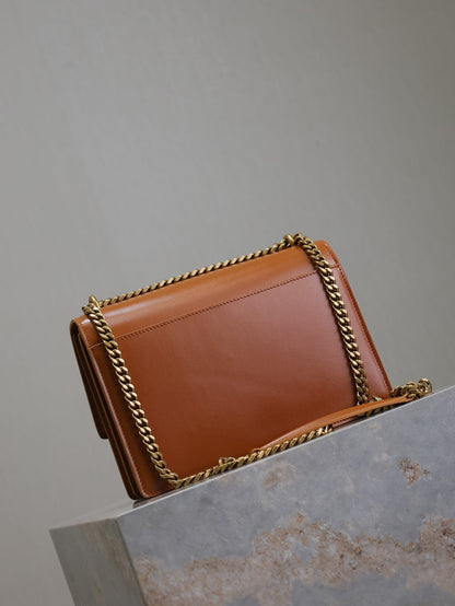 YSL 25S SUNSET BAG 22 IN DARK CARAMEL CALFSKIN GOLD HARDWARE