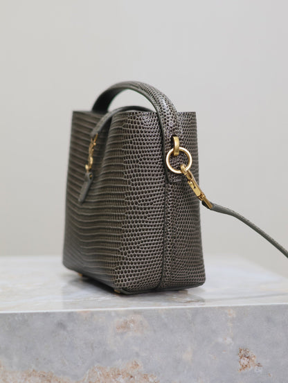YSL 25S LE 37 MINI 15 IN BROWN LIZARD PATTERN CALFSKIN GOLD HARDWRE