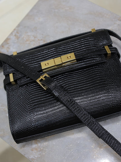 YSL 25S MINI MANHATTAN 19 IN BLACK SHINY CROCODILE CALFSKIN GOLD HARDWARE