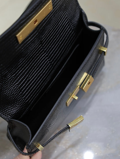 YSL 25S MINI MANHATTAN 19 IN BLACK SHINY CROCODILE CALFSKIN GOLD HARDWARE