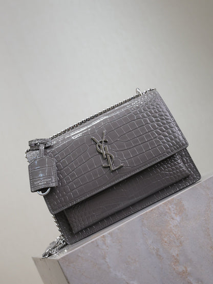 YSL 25S SUNSET MEDIUM 22 IN DARK GRAY CROCODILE-EMBOSSED SHINY CALFSKIN SILVER HARDWARE