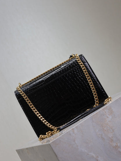 YSL 25S SUNSET MEDIUM 22 IN BLACK CROCODILE-EMBOSSED SHINY CALFSKIN GOLD HARDWARE
