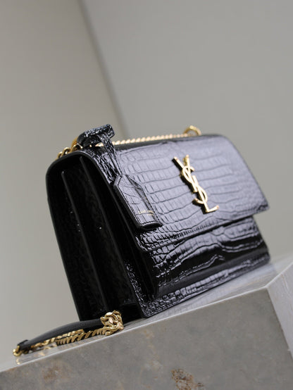 YSL 25S SUNSET MEDIUM 22 IN BLACK CROCODILE-EMBOSSED SHINY CALFSKIN GOLD HARDWRE