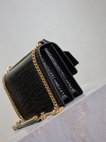 YSL 25S SUNSET MEDIUM 22 IN BLACK CROCODILE-EMBOSSED SHINY CALFSKIN GOLD HARDWRE