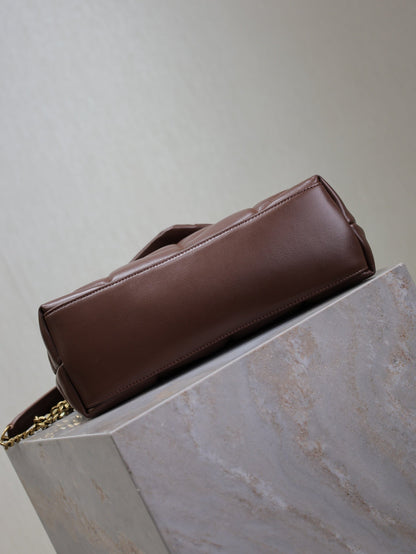 YSL 25S LOULOU PUFFER MM 29 IN DARK BROWN CALFSKIN GOLD HARDWARE