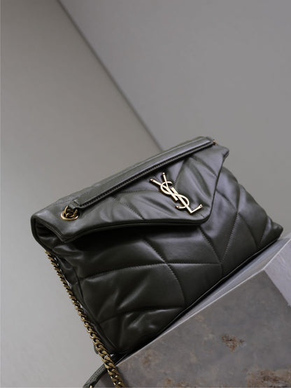 YSL 25S LOULOU PUFFER GM 35 IN DARK OLIVE CALFSKIN GOLD HARDWARE