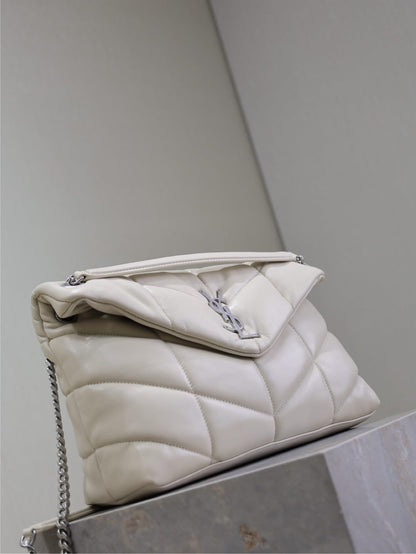 YSL 25S LOULOU PUFFER GM 35 IN SMOKEY TAUPE CALFSKIN SILVER HARDWARE