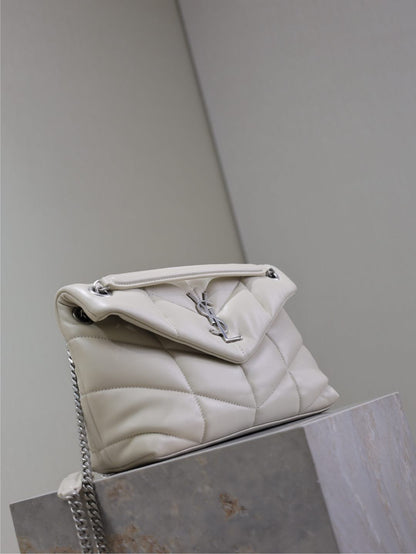 YSL 25S LOULOU PUFFER MM 29 IN SMOKEY TAUPE CALFSKIN SILVER HARDWRE