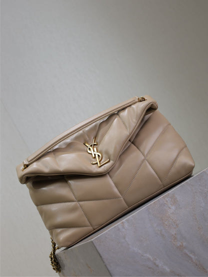 YSL 25S LOULOU PUFFER GM 35 IN BROWN CALFSKIN GOLD HARDWRE